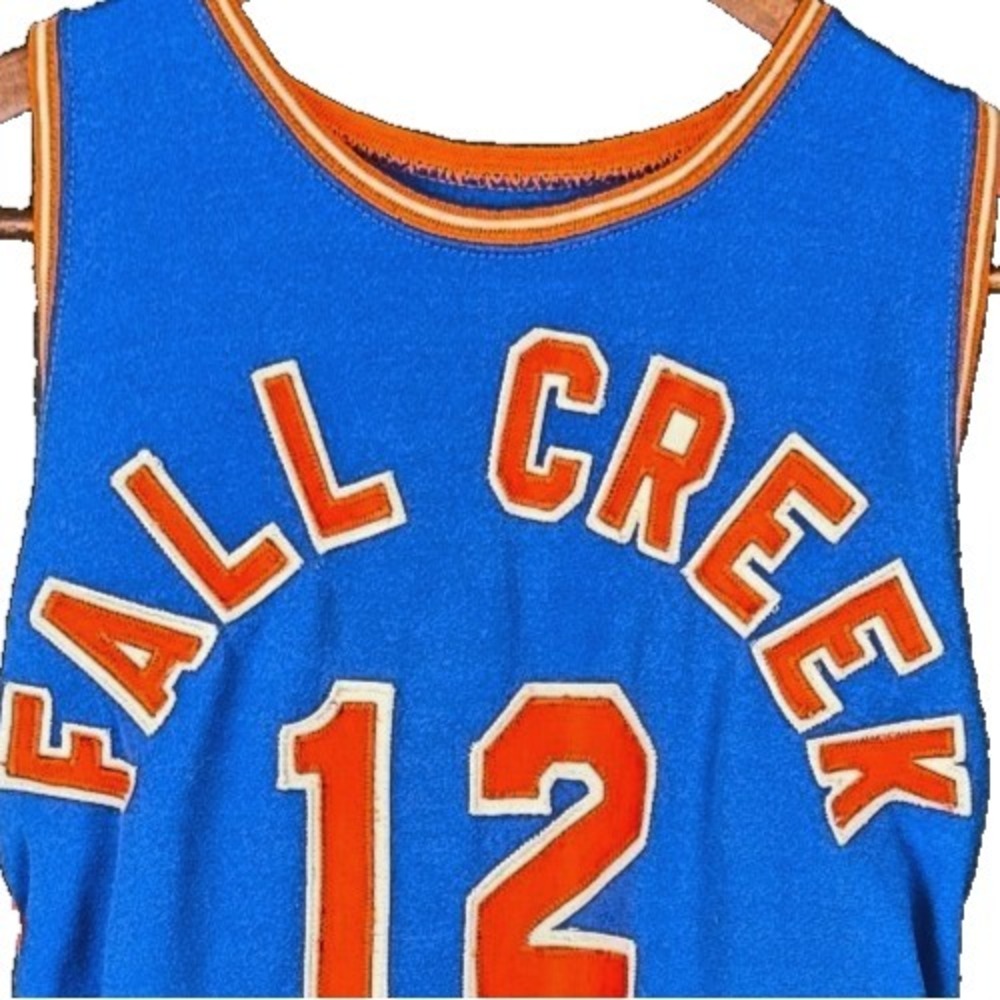 Vintage Basketball Jersey Mens Medium Blue Orange Stitched Felt Patch Fall Creek